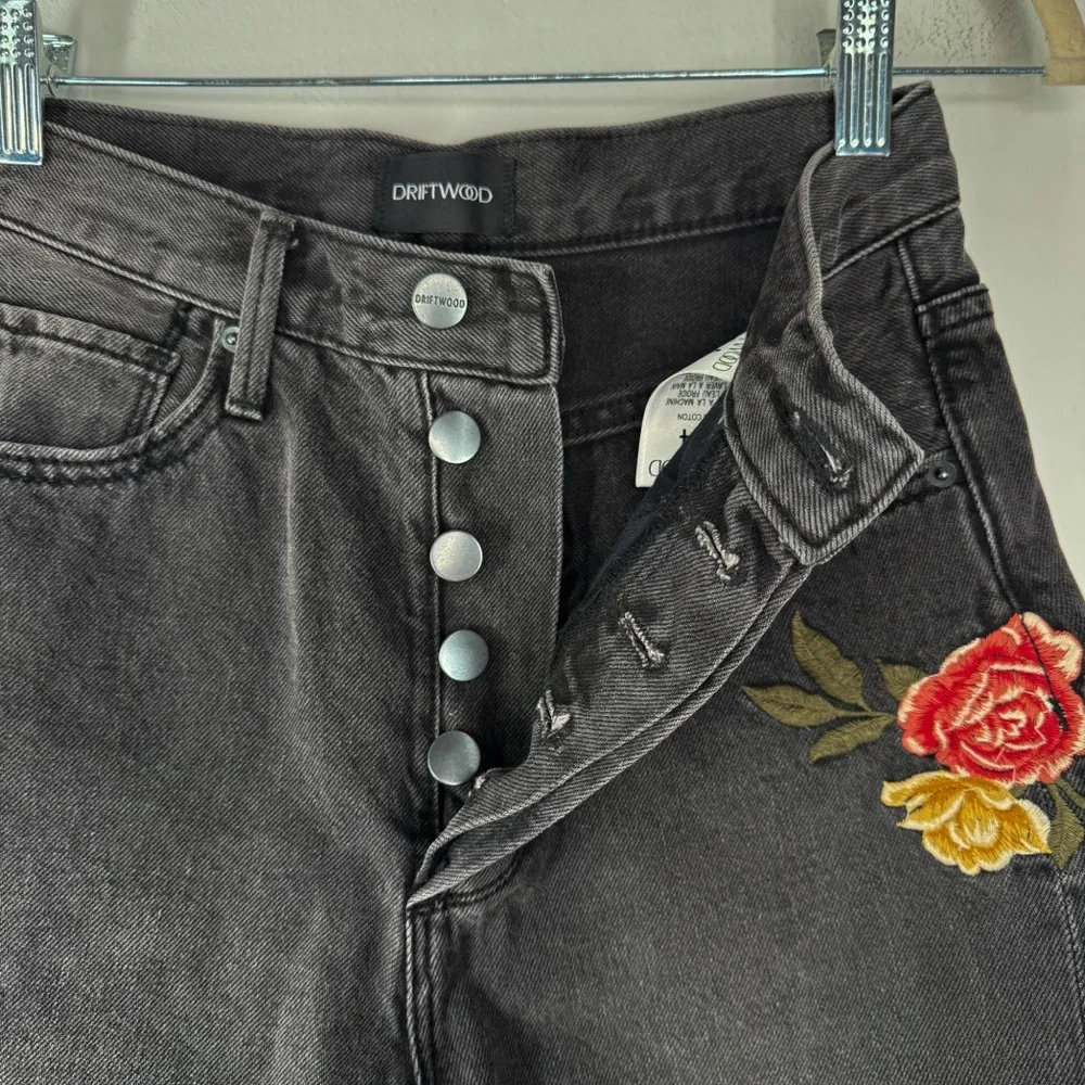 Driftwood Parker Barrel Jeans Faded Black Embroidered Floral Bee Butterfly 24 - Picture 8 of 16